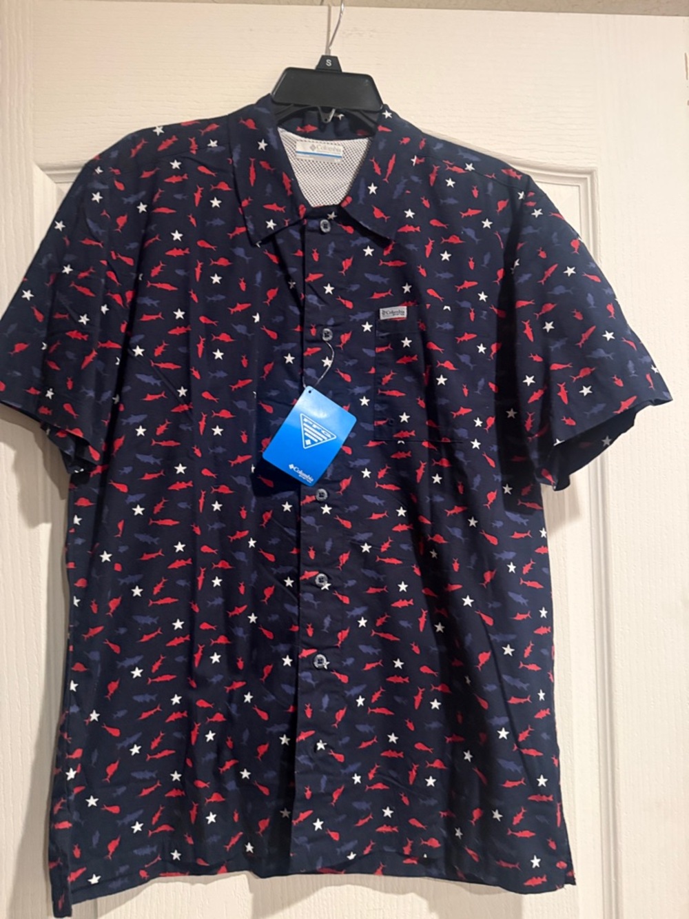 Columbia Navy Short-Sleeve Button-Down Shirt with Red & White Star Pattern